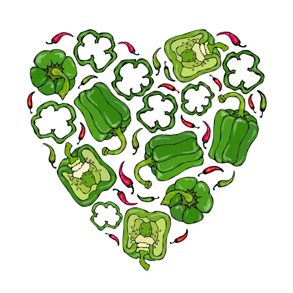 Coeur de poivrons verts. Poivre de baleine, moitié paprika sucré, morceaux. Légumes crus mûrs frais. Cuisine végétalienne saine. Illustration vectorielle dessinée à la main. Style de caniche Savoyar . — Image vectorielle