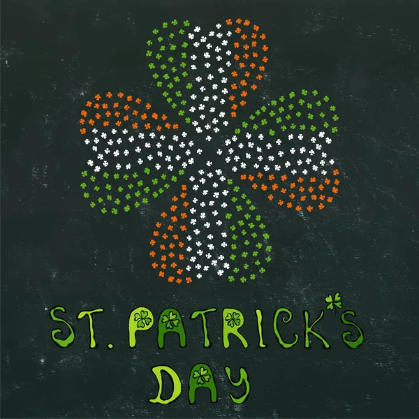 Jetel listy srdce tvarovaný v barvách vlajky Irska barvy zelená, bílá, oranžová. Na pozadí černé desce. S nápisem St Patricks Day. Vektorové ilustrace ručně kreslené. Savoyar Doodle styl. — Stockový vektor