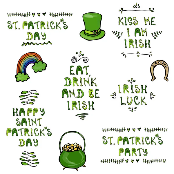 Set of St. Patricks Day Lettering. With Hat, Horseshoe, Pot and Rainbow. Vector Illustration Hand Drawn. Savoyar Doodle Style. — Stock Vector