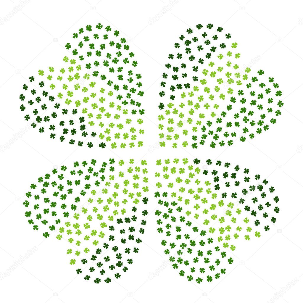 Green Clover Leaves Heart Shaped on a White Background. St Patricks Day Vector Illustration Hand Drawn. Savoyar Doodle Style.