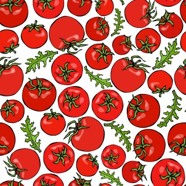 Bütün domates, kiraz domates ve yeşil yaprakları ile Seamless modeli. Taze olgun sebze arka plan. Vejetaryen mutfağı. El vektör çizim çekilmiş. Savoyar Doodle stili.
