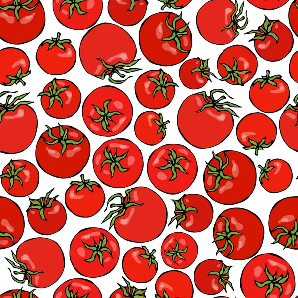 Seamless mönster med hela tomater och körsbärstomater. Färska mogna grönsaker bakgrund. Veganska rätter. Hand dras vektorillustration. Savoyar Doodle stil. — Stock vektor