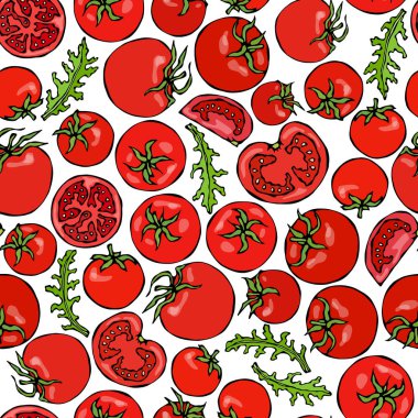 Bütün kırmızı domates, kiraz domates, domates dilimleri, yarım domates ve yeşil yaprakları ile Seamless modeli. Taze sebze arka plan vejetaryen mutfağı. El vektör çizim çekilmiş. Savoyar Doodle stili.