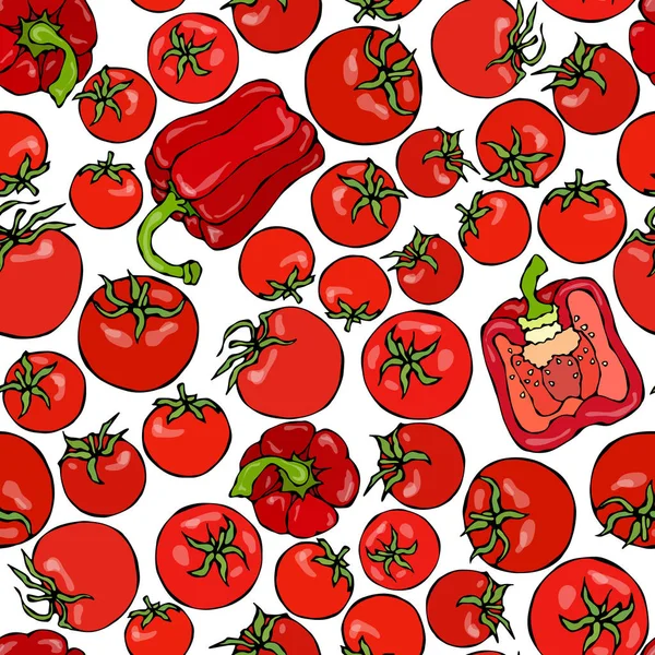 Naadloze patroon met hele tomaat, rode paprika, de helft van de peper en kerstomaatjes. Verse rijpe groenten achtergrond. Veganistische keuken. Hand Drawn vectorillustratie. Savoyar Doodle stijl. — Stockvector