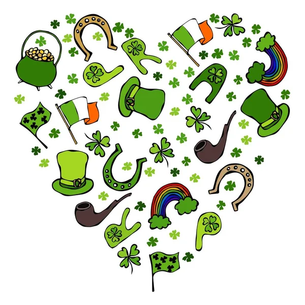 Коллекция ирландских символов. Фон в форме сердца. Шляпа лепреконов, подкова, горшок золота, флаг, кружка пива, радуга, клевер. День Святого Патрика. Савойяр-дудл . — стоковое фото