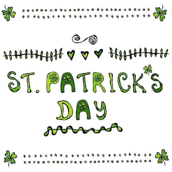 St. Patriks Day Lettering Poster or Card with Clovers and Hearts St. . Savoyar Doodle Style. — Stock Photo, Image