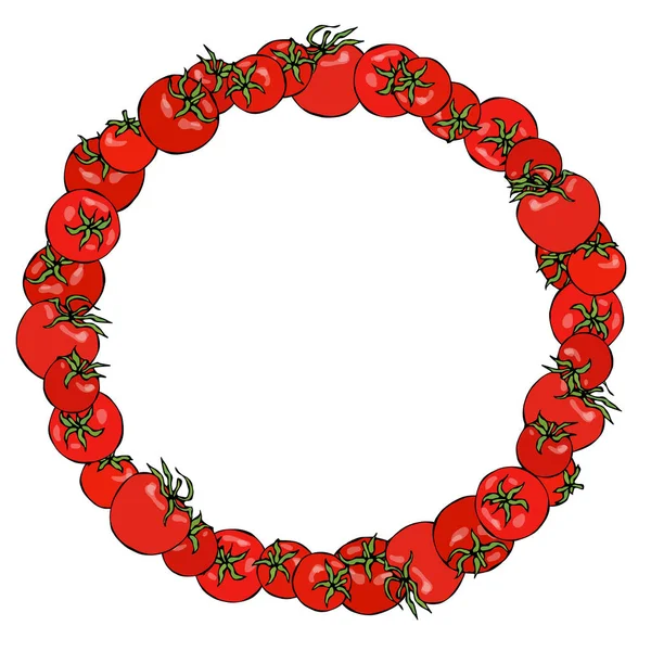 红西红柿花环或圆形框架。新鲜成熟的蔬菜。健康素食食谱。手绘矢量图。Savoyar 涂鸦风格. — 图库矢量图片