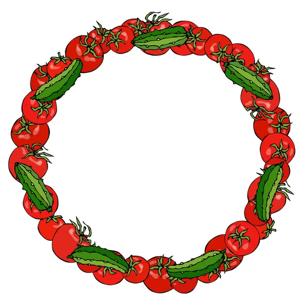 Венок или круглая рамка с красным помидором и зеленым огурцом или Gherkin. Свежий спелый овощ. Здоровое вегетарианское меню. Векторная иллюстрация от руки. Савойяр-дудл . — стоковый вектор