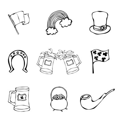 St. Patrick s günü simgeler koleksiyonu bira, şapka, yonca, bayrak, at nalı, boru, altın, gökkuşağı. El çizimi çekilmiş. Savoyar Doodle stili.