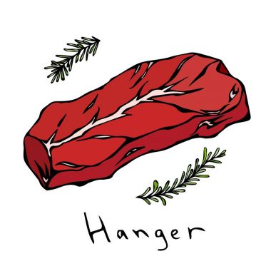 En popüler biftek askı. Sığır kesim. Kasap dükkanı veya Steak House Restoran Menü için et rehber. El çizimi çekilmiş. Savoyar Doodle stili.