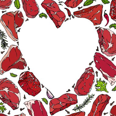 Kalbinde biftek ve otlar. Ete bayılırım. Sığır kesim. Kasap dükkanı veya Steak House Restoran Menü için mükemmel bir arka plan. El çizimi çekilmiş. Savoyar Doodle stili.