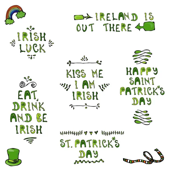 St. Patrick's Day Lettering. Irish Luck, Kiss Me I Am Irish, Eat Dreank and be Irish, Happy St Patricks Day. 17 March Irish Day Celebration Illustration. Hand Drawn. Savoyar Doodle Style. — Stock Photo, Image