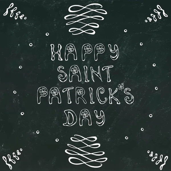 Black Chalkboard Background Happy St. Patrick's Day Lettering. 17 March Irish Day Celebration Illustration. Hand Drawn. Savoyar Doodle Style. — Stock Photo, Image