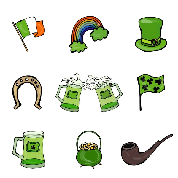 St. Patrick s Day Icons Collection beer, hat, clover, flag, horseshoe, pipe, pot of gold, rainbow. Hand Drawn  Illustration. Savoyar Doodle Style. — Stock Photo, Image