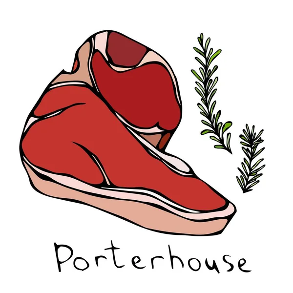 Most Popular Steak Porterhouse. Beef Cut. Meat Guide for Butcher Shop or Steak House Restaurant Menu. Hand Drawn Illustration. Savoyar Doodle Style.