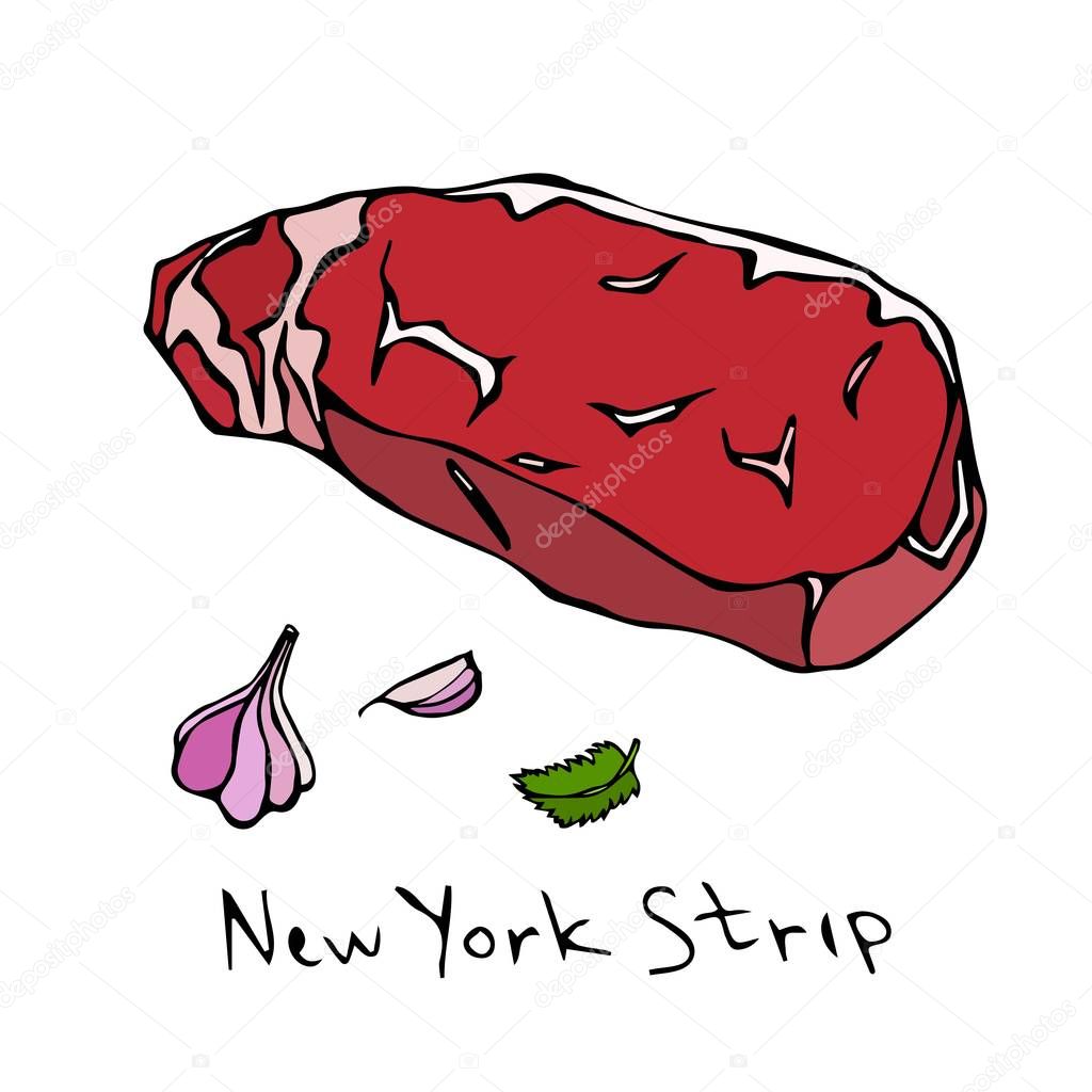 Most Popular Steak New York Strip. Beef Cut. Meat Guide for Butcher Shop or Steak House Restaurant Menu. Hand Drawn Illustration. Savoyar Doodle Style.