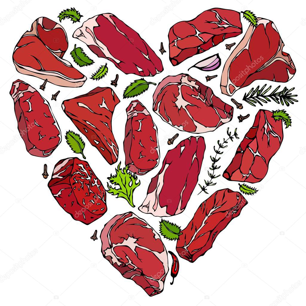Heart of Steaks and Herbs. Love Meat. Beef Cuts. Perfect Background for Butcher Shop or Steak House Restaurant Menu. Hand Drawn Illustration. Savoyar Doodle Style.