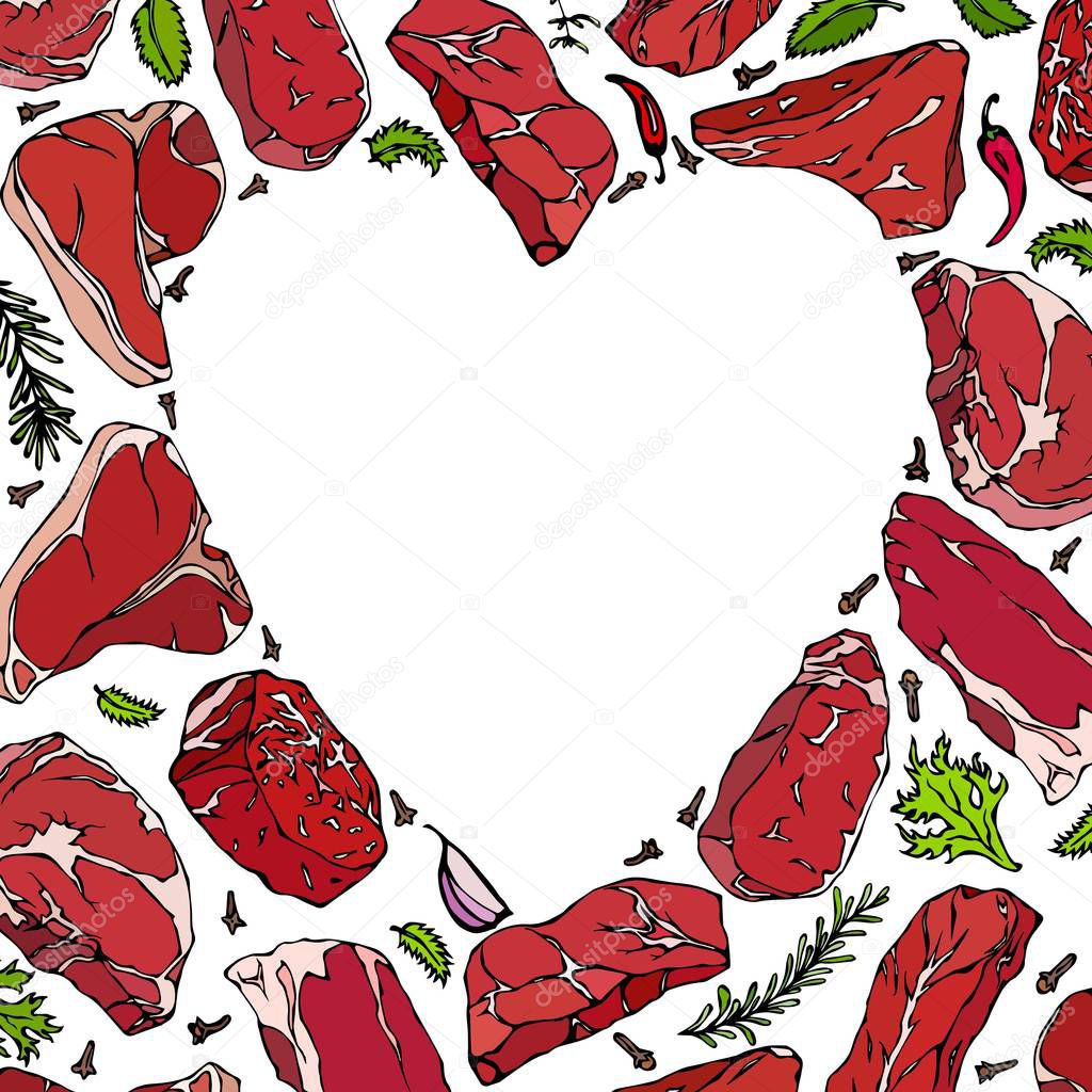 Heart of Steaks and Herbs. Love Meat. Beef Cuts. Perfect Background for Butcher Shop or Steak House Restaurant Menu. Hand Drawn Illustration. Savoyar Doodle Style.