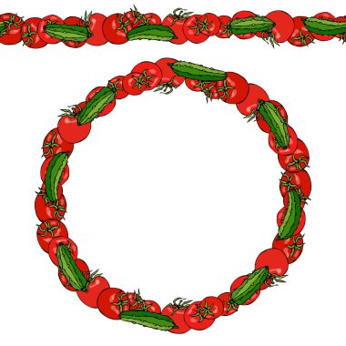 Kırmızı domates ve yeşil salatalık. Sonsuz desen fırçası, Garland yuvarlak. Çelenk veya daire kare. Ketçap Logo veya sebze salatası. El vektör çizim çekilmiş. Savoyar Doodle stili.