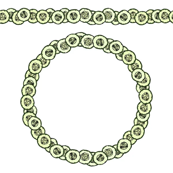Zöld uborka, vagy Gerkin kör szeletek. Végtelen ecset, kerek koszorú. Koszorú vagy keret. Friss, érett növényi saláta egészséges vegetáriánus menüt. Kézzel rajzolt vektoros illusztráció. Savoyar Doodle stílus. — Stock Vector