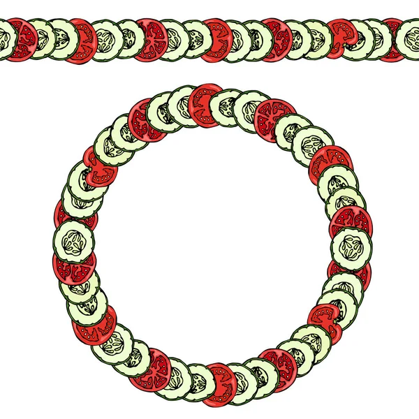 Concombres verts et tranches de tomates rouges avec des graines disposées comme Domino. Brosse à motif sans fin, guirlande ronde. Couronne ou cadre. Salade de légumes. Illustration vectorielle dessinée à la main. Style de caniche Savoyar . — Image vectorielle