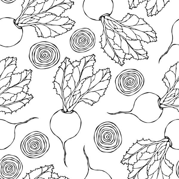 Seamless Background of Ripe Beets. Endless Pattern of Beetroot with Top Leaves, Beet Halves and Cut Round Slices. Fresh Vegetable Salad. Hand Drawn Vector Illustration. Savoyar Doodle Style.