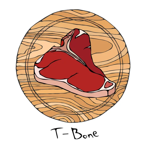 En popüler biftek T-Bone yuvarlak ahşap kesme tahtası üzerinde. Sığır kesim. Kasap dükkanı veya Steak House Restoran Menü için et rehber. El çizimi çekilmiş. Savoyar Doodle stili. — Stok Vektör