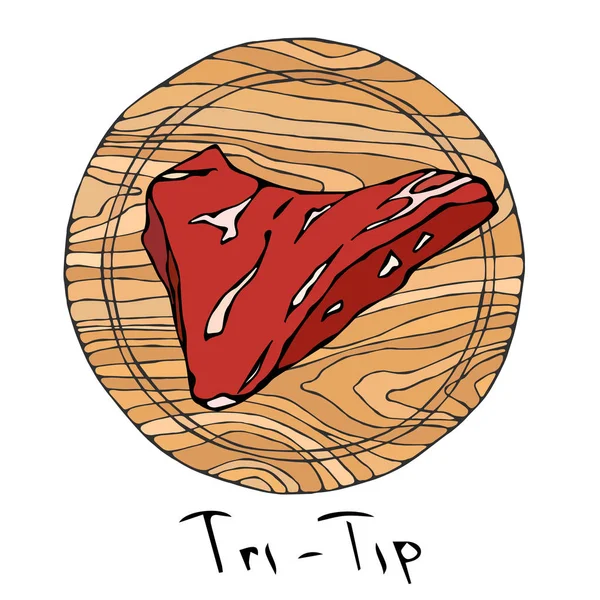 En popüler biftek Tri-ucunda yuvarlak ahşap kesme tahtası. Sığır kesim. Kasap dükkanı veya Steak House Restoran Menü için et rehber. El çizimi çekilmiş. Savoyar Doodle stili. — Stok Vektör