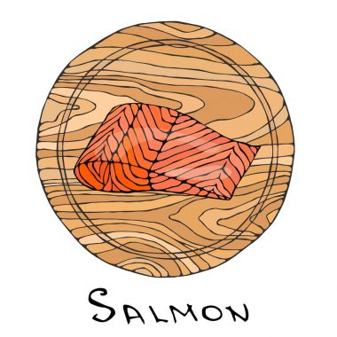 Yuvarlak kesme tahtası üzerinde Çiğ somon balık fileto. Balık, tatil yemekler, yemek tarifleri, deniz ürünleri, menü pişirme Rehberi için dilim kes. El çizimi çekilmiş. Savoyar Doodle stili.