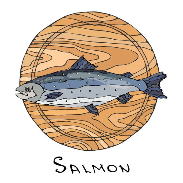 Pescado de salmón crudo entero en la tabla de cortar redonda. Para cocinar, Comidas de vacaciones, Recetas, Guía de mariscos, Menú. Ilustración dibujada a mano. Estilo Doodle Savoyar . — Archivo Imágenes Vectoriales