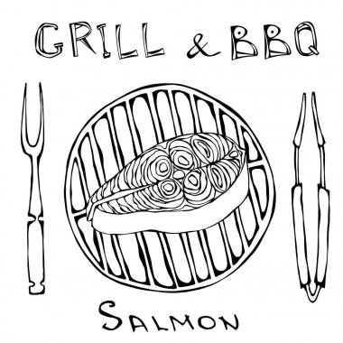 Çiğ somon Steak Barbekü Izgara çatal ve maşa. Yaz Barbekü. balık, tatil yemekler, yemek tarifleri, deniz ürünleri, menü pişirme Rehberi için dilim kes. El çizimi çekilmiş. Savoyar Doodle stili.