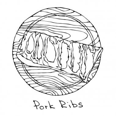 Ham Domuz kaburga bir yuvarlak ahşap kesme tahtası üzerinde kıyılmış. . Et kesim Kılavuzu kasap dükkanı veya Steak House Restoran Menü. Taze madde. El çizimi çekilmiş. Savoyar Doodle stili.