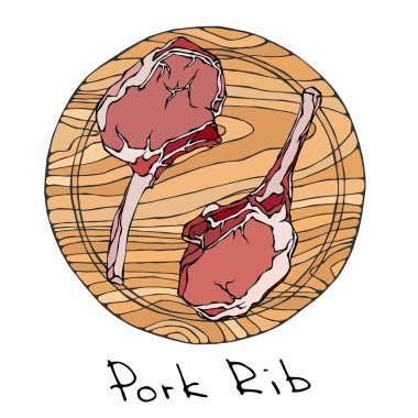Ham Domuz kaburga bir yuvarlak ahşap kesme tahtası üzerinde kıyılmış. . Et kesim Kılavuzu kasap dükkanı veya Steak House Restoran Menü. Taze madde. El çizimi çekilmiş. Savoyar Doodle stili.
