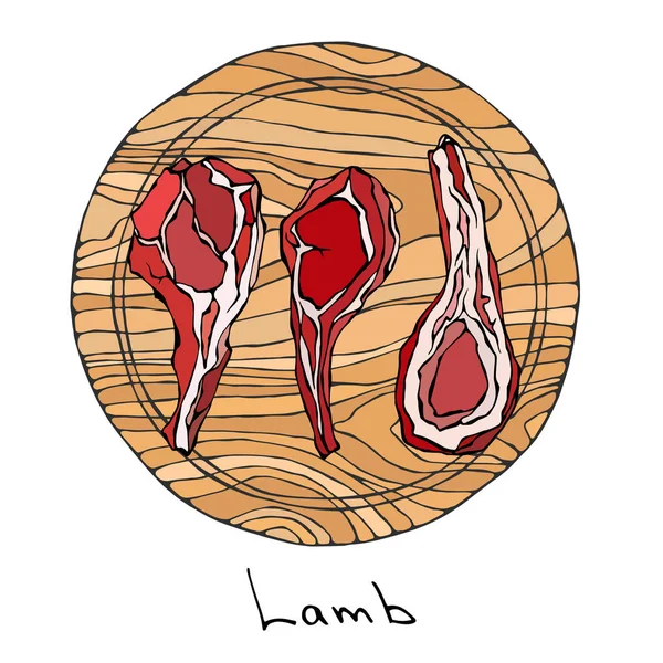 粗子羊のリブは、丸い木製のまな板にみじん切り。.精肉店のステーキハウス レストラン メニュー肉カット ガイド。新鮮な食材。手描きイラストです。Savoyar 落書きスタイル. — ストックベクタ