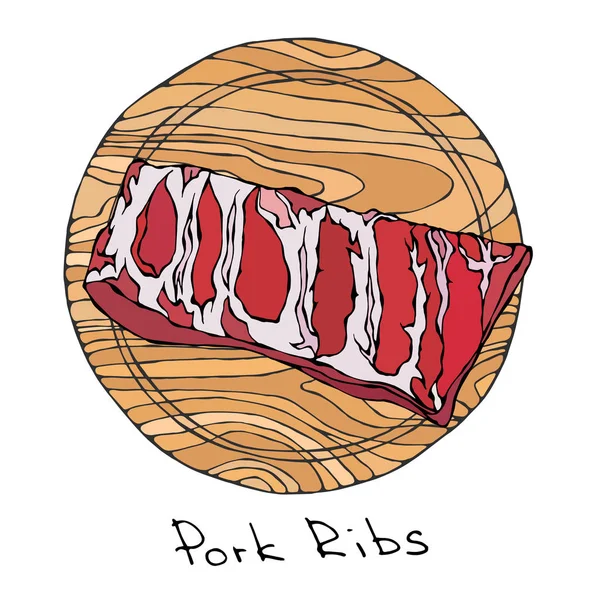 Crude Pork Ribs Chopped on a Round Wooden Cutting Board. . Meat Cuts Guide for Butcher Shop or Steak House Restaurant Menu. Fresh Ingredient. Hand Drawn Illustration. Savoyar Doodle Style. — Stock Vector