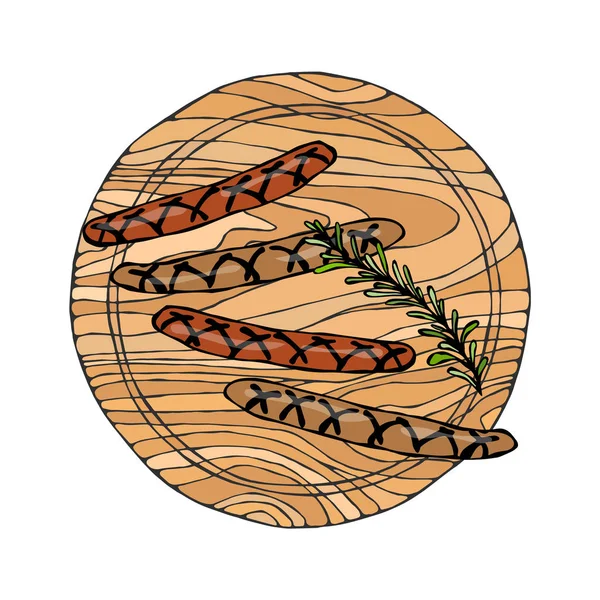 Embutidos a la parrilla con romero en una tabla de cortar de madera redonda. Menú de comida rápida o restaurante. Ingrediente fresco. Ilustración dibujada a mano. Estilo Doodle Savoyar . — Archivo Imágenes Vectoriales