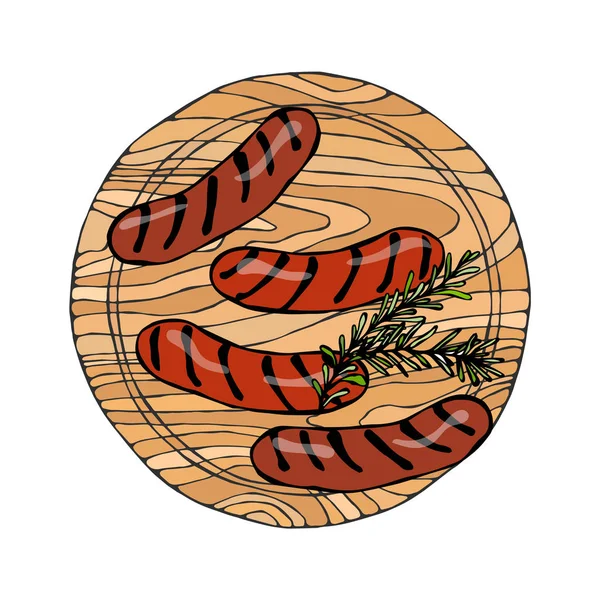 Gegrilde worst met rozemarijn op een ronde houten snijplank. Fastfood of Restaurant Menu. Verse ingrediënten. De hand getekende illustratie. Savoyar Doodle stijl. — Stockvector