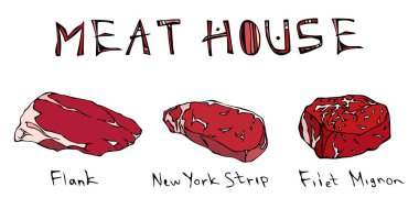 En popüler biftek türleri ayarlayın. Sığır kesim. Kasap dükkanı veya Steak House Restoran Menü için en iyi et rehber. El çizimi çekilmiş. Savoyar Doodle tarzı. Kanat, New York Strip, fileto Mignon.