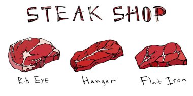 En popüler biftek türleri ayarlayın. Sığır kesim. Kasap dükkanı veya Steak House Restoran Menü için en iyi et rehber. El vektör çizim çekilmiş. Savoyar Doodle tarzı. Kaburga, askı, yassı demir.