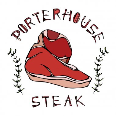 Porterhouse biftek Beef s kekik Herb çerçeve yazı ile kesmek. Kasap ve et lokantası Restoran Menü Logo için et Rehberi'nde. El çizimi çekilmiş. Savoyar Doodle stili.