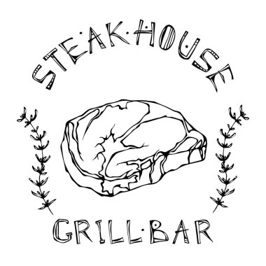 Steak House veya ızgara Bar Logo. Kaburga Biftek Beef s kekik Herb çerçeve yazı ile kesmek. Kasap dükkanı, menü için et Logo. El çizimi çekilmiş. Savoyar Doodle stili.