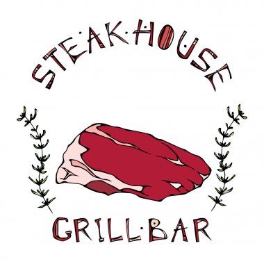 Steak House veya ızgara Bar Logo. Yan biftek et kesim s kekik Herb çerçeve yazı ile. Kasap dükkanı, menü için et Logo. El çizimi çekilmiş. Savoyar Doodle stili.