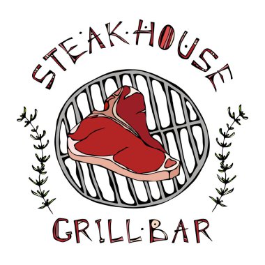Steak House veya ızgara Bar Logo. T-Bone biftek ızgara üzerinde. Sığır kesim s kekik Herb çerçeve yazı ile. Kasap dükkanı, menü için et Logo. El çizimi çekilmiş. Savoyar Doodle stili.