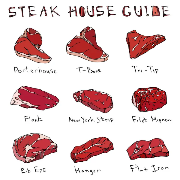 Conjunto de tipos de bifes mais populares. Cortes de carne. Guia de carne superior para Butcher Shop ou Steak House Restaurant Menu. Ilustração desenhada à mão. Estilo Doodle Savoyar. Porterhouse, T-bone, New York Strip, Rib Eye . — Vetor de Stock