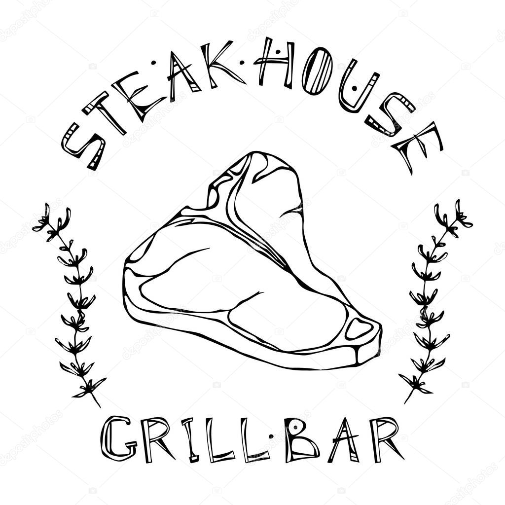 Steak House or Grill Bar Logo. T-Bone Steak Beef Cut with Lettering in s Thyme Herb Frame. Meat Logo for Butcher Shop, Menu. Hand Drawn Illustration. Savoyar Doodle Style.