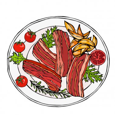 Bir tabak patates dilimleri, domates ve otlar ile kızarmış jambon dilimleri. Kavrulmuş domuz kesti. Restoran Menü. İngiliz kahvaltısı madde. El çizimi çekilmiş. Savoyar Doodle stili.