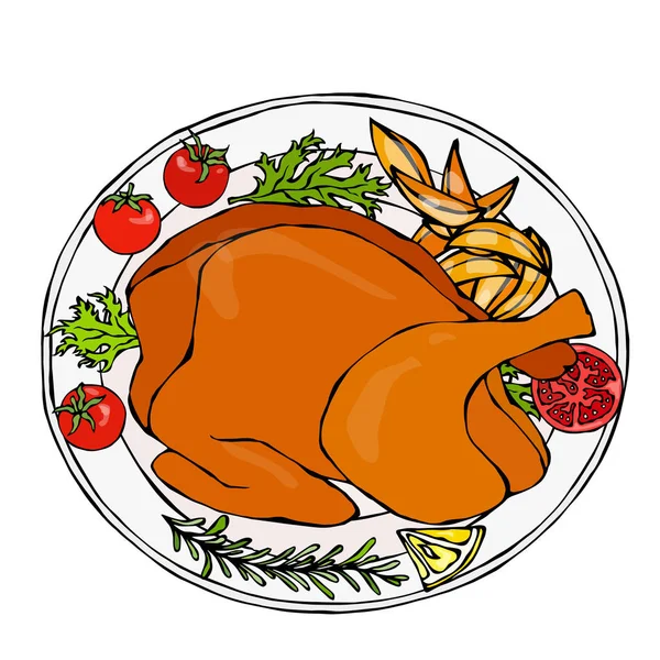 Pečené kuře nebo pečená krůta na desku s brambory, rajčaty a bylinkami. Připravena slavnostní večeře. Menu restaurace. Ručně kreslené ilustrace. Savoyar Doodle styl. — Stockový vektor