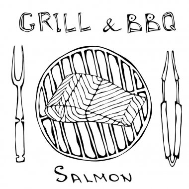 Barbekü ve ızgara Logo. Bir barbekü ızgara somon fileto. Çatal ve Maşa ile. Deniz ürünleri Logo. Deniz Restoran Menü. El çizimi çekilmiş. Savoyar Doodle stili.