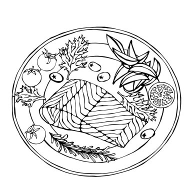 Bir tabak patates dilimleri, domates ve otlar ile Somon fileto. Kavrulmuş balık kesim. Deniz ürünleri Logo. Deniz Restoran Menü. Şenlikli yemeği. El çizimi çekilmiş. Savoyar Doodle stili.