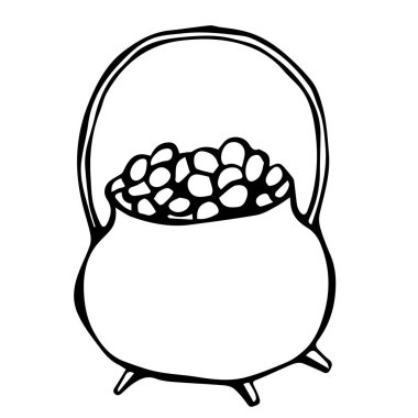 Yeşil Pot altın. Saint Patricks Day İrlanda vektör çizim elle çizilmiş. Savoyar stil Doodle.